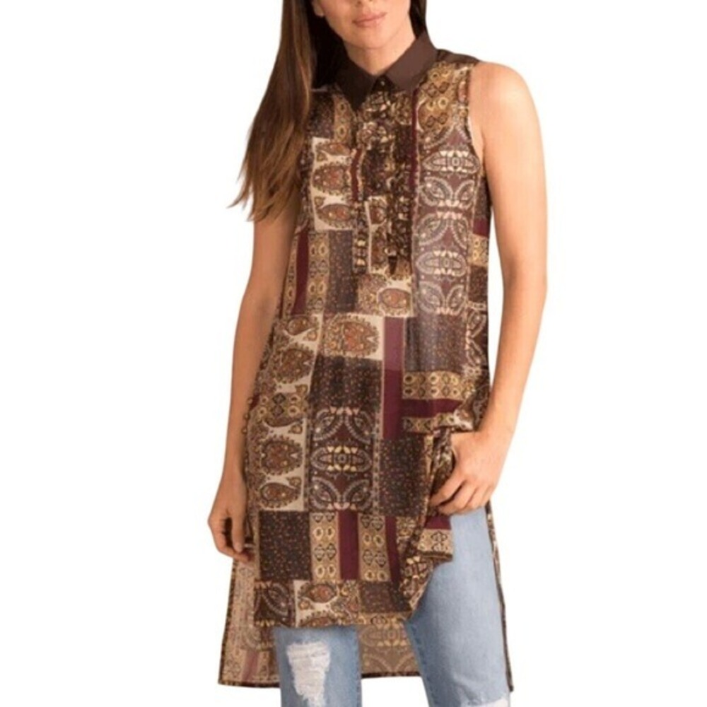 Simply Noelle Sleeveless Tunic Top Paisley Print Ruffle Detail Brown S/M